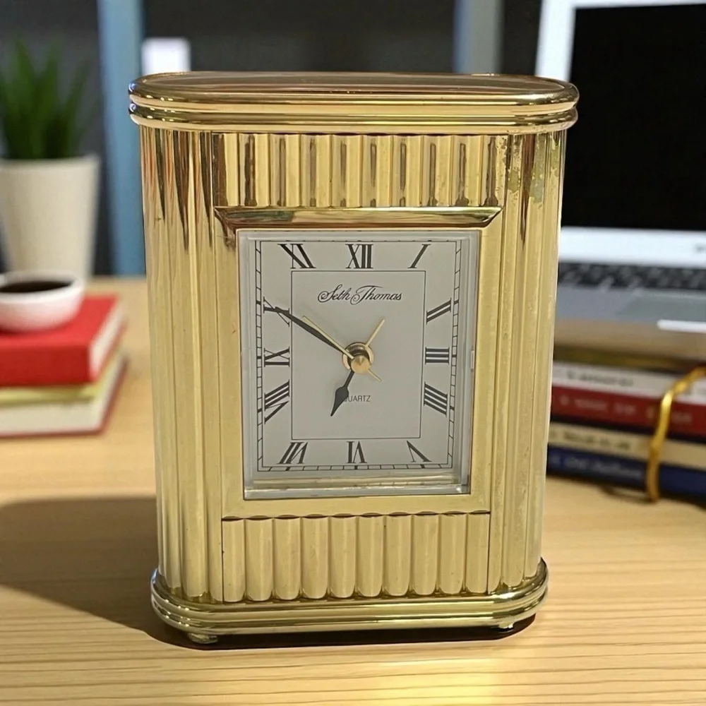 Seth Thomas Art Deco Mantel Clock - All Brass Vintage 1960 ..works With Alarm.